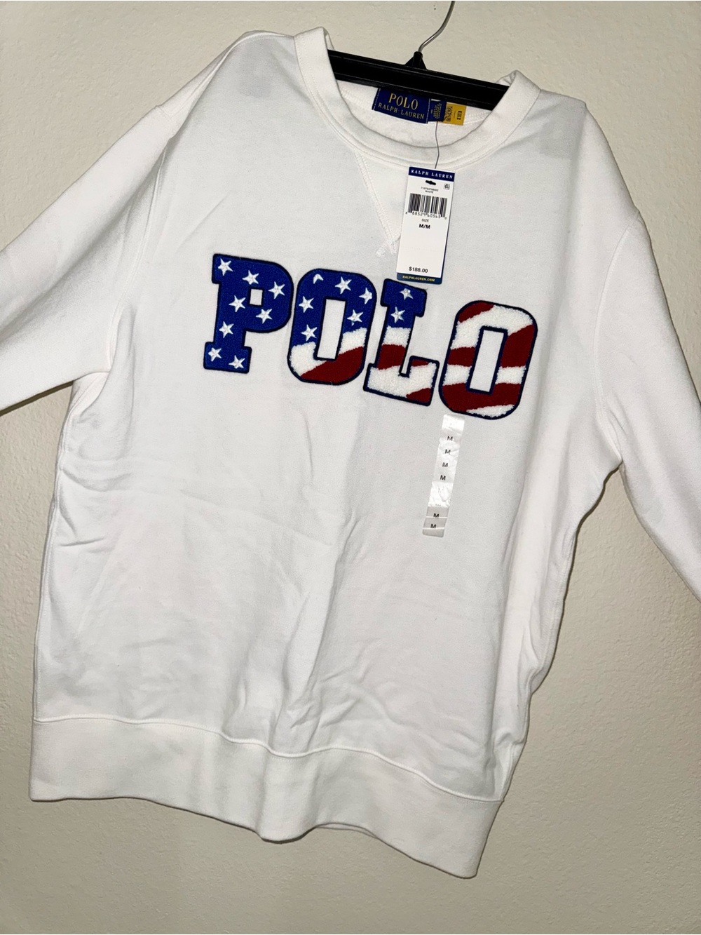 Ralph Lauren White Crewneck Sweater with Red & Blue POLO Logo